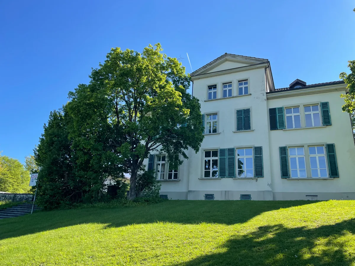 Ein älteres Gebäude, vor dem ein Baum steht.